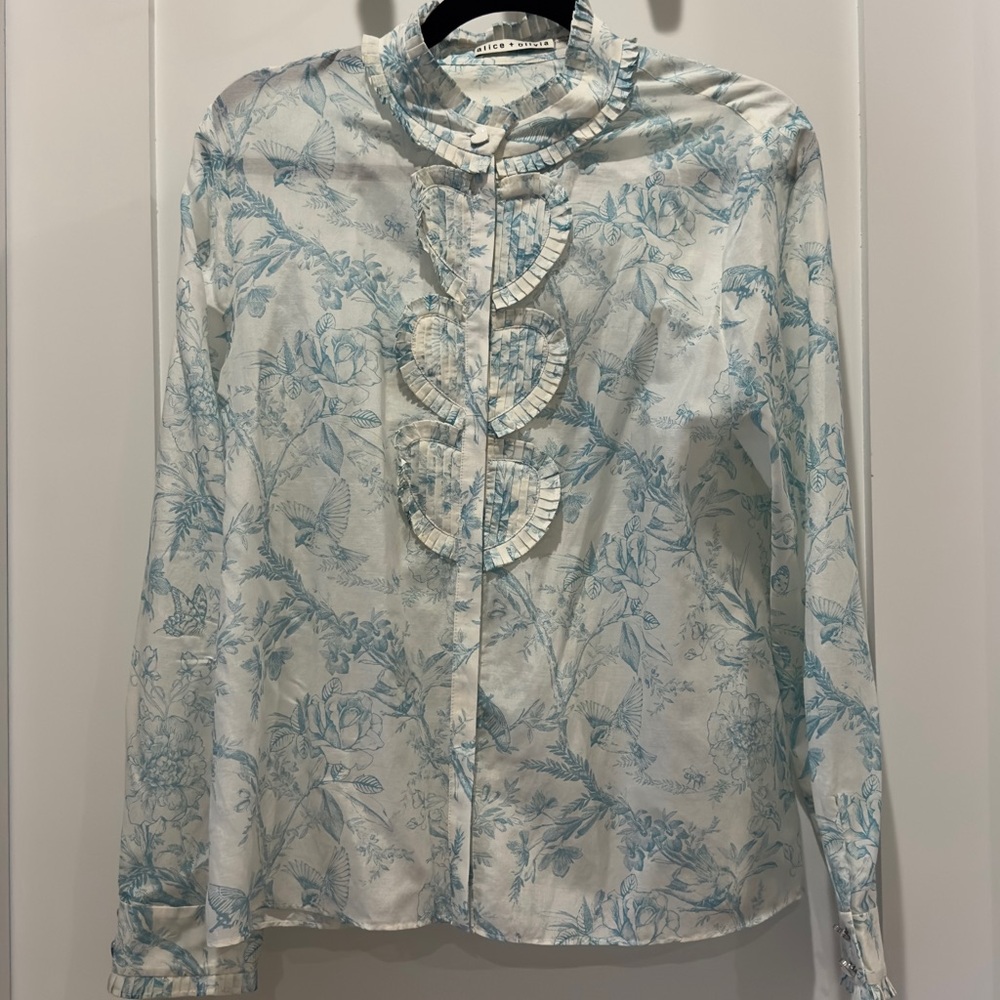 Alice + Olivia White and Blue Floral Blouse